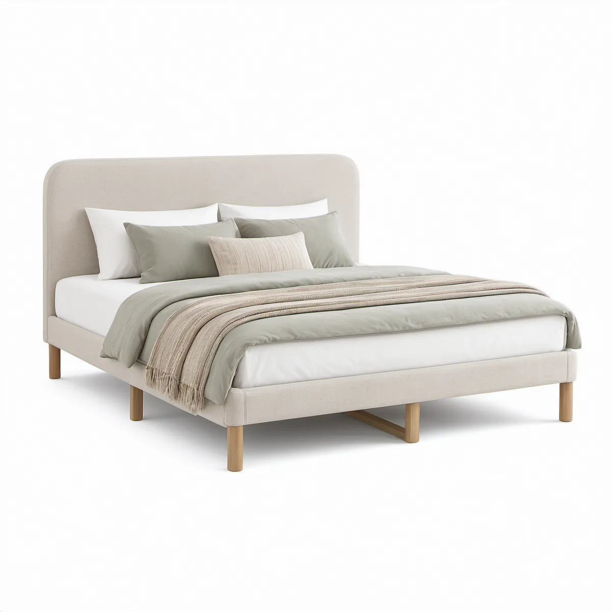 Cama de Casal Estofada Bege 160 x 200 cm com Pés em Madeira Maciça