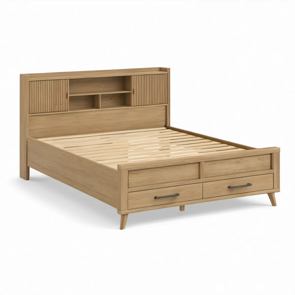 Cama de Casal com Arrumação e Cabeceira 160 x 200 cm em Carvalho Claro