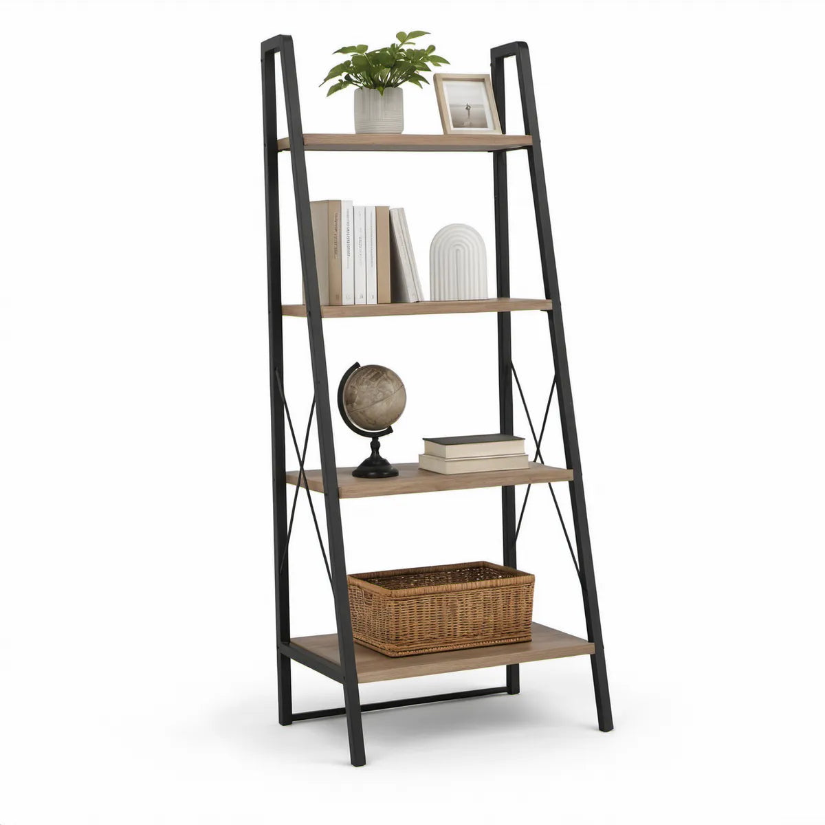 Estante em Escada com 4 Prateleiras 64 x 35 x 170 cm em MDF e Aço Castanho e Preto