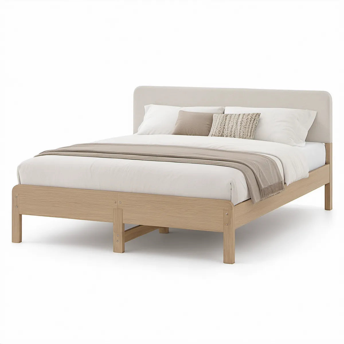 Cama de Casal 160 x 200 cm em Madeira Maciça de Seringueira Carvalho Claro com Cabeceira Estofada Bege