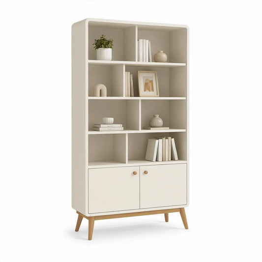 Estante com Armário em MDF Branco e Madeira Maciça, 80 x 35 x 180 cm