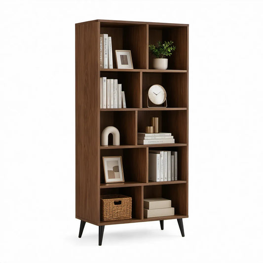 Estante Vertical Castanho-Nogueira e Preto com 10 Nichos, 80 x 30 x 180 cm