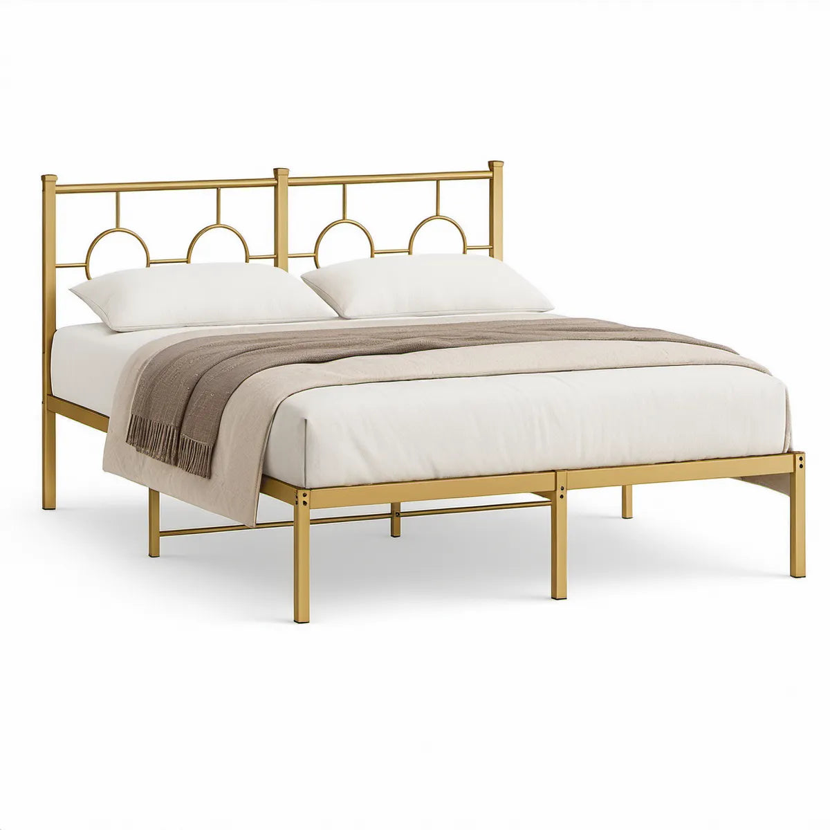 Cama de Casal 160 x 200 cm em Aço-Carbono Dourado com Cabeceira Geométrica