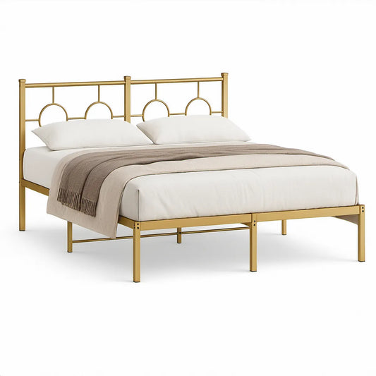 Cama de Casal 160 x 200 cm em Aço-Carbono Dourado com Cabeceira Geométrica