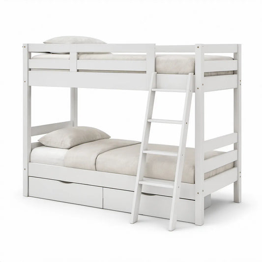 Beliche Infantil em Pinho Maciço Branco com Escada e 2 Gavetas, 200 x 100 x 160 cm