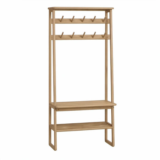 Estrutura de Entrada em Bambu Natural com Banco, Prateleira e 10 Ganchos, 80 x 40 x 180 cm