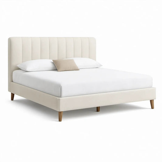 Cama de Casal Estofada 160 x 200 cm com Cabeceira Canelada em Poliéster Bege-claro
