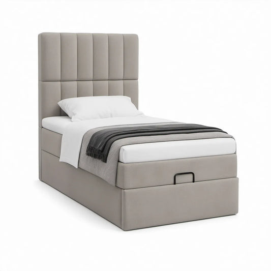 Cama de Solteiro Estofada Bege com Arrumação e Estrado Elevatório 90 x 200 cm
