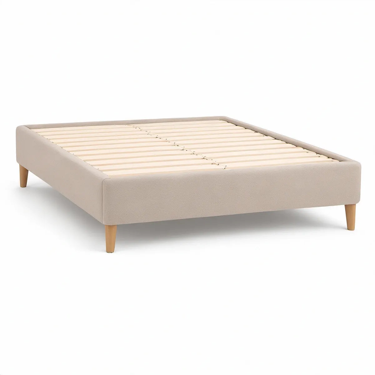 Cama de Casal Estofada Bege e Madeira Natural 160 x 200 cm com Estrado de Ripas