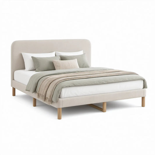 Cama de Casal Estofada Bege 160 x 200 cm com Pés em Madeira Maciça
