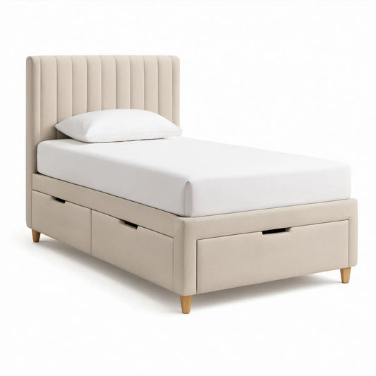 Cama Individual Estofada com 3 Gavetas, Cabeceira Acolchoada, Bege, 90 x 190 cm