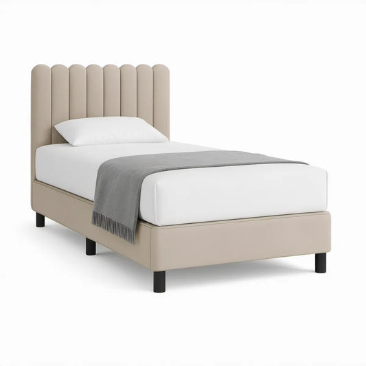 Cama Individual Estofada em Pele Sintética PU Bege 90 x 200 cm, 100 x 210 x 125 cm