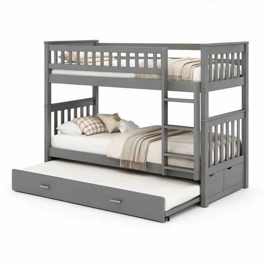 Beliche Triplo com Cama Gavetão 90 x 190 cm em Pinho Maciço Cinzento