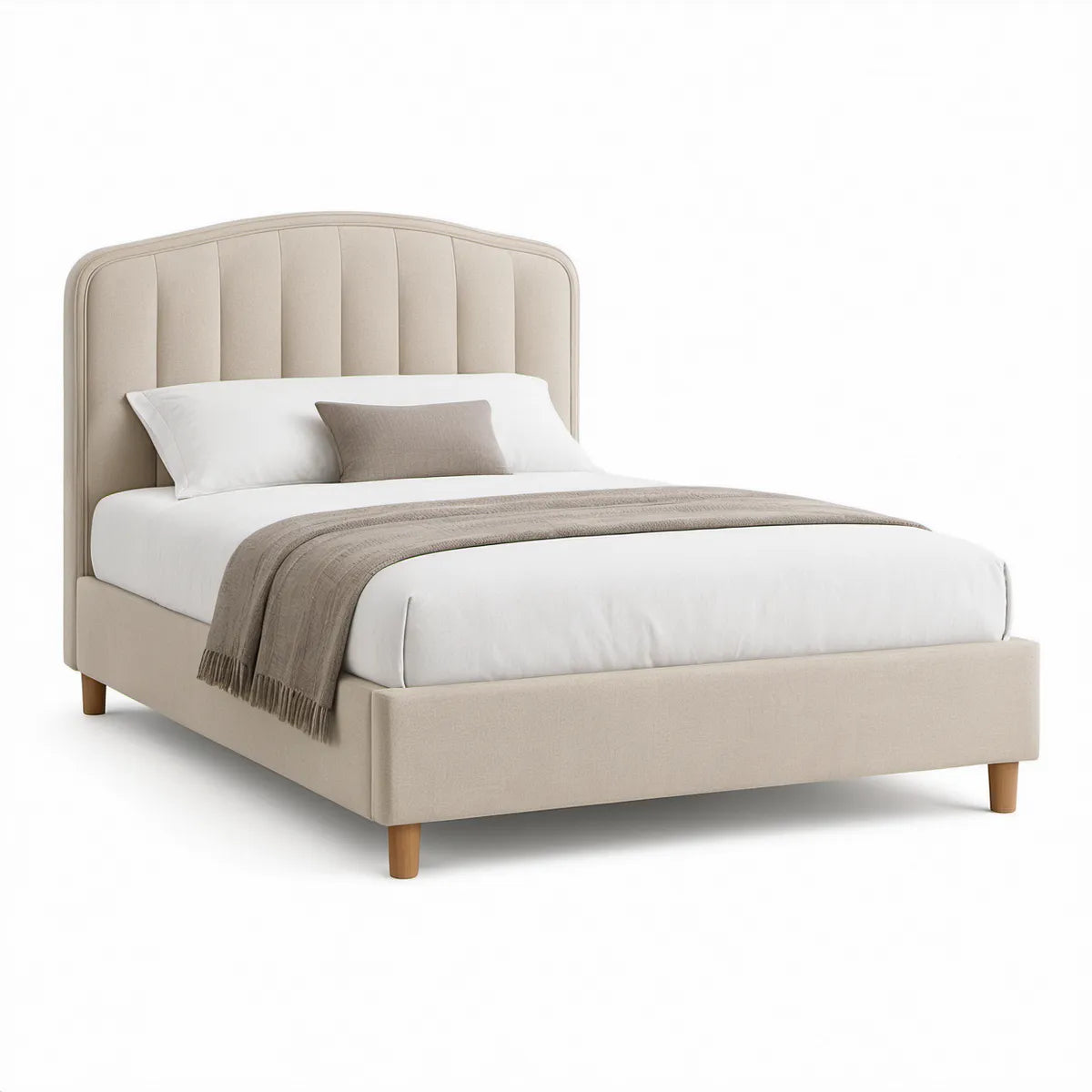 Cama de Casal Estofada Bege 160 x 200 cm com Cabeceira Curva