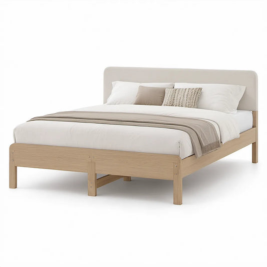 Cama de Casal 160 x 200 cm em Madeira Maciça de Seringueira Carvalho Claro com Cabeceira Estofada Bege