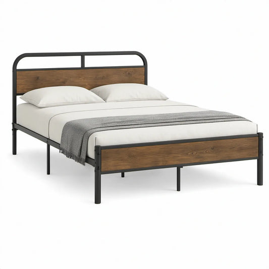 Cama de Casal em Aço e MDF Preto e Castanho para Colchão 160 x 200 cm