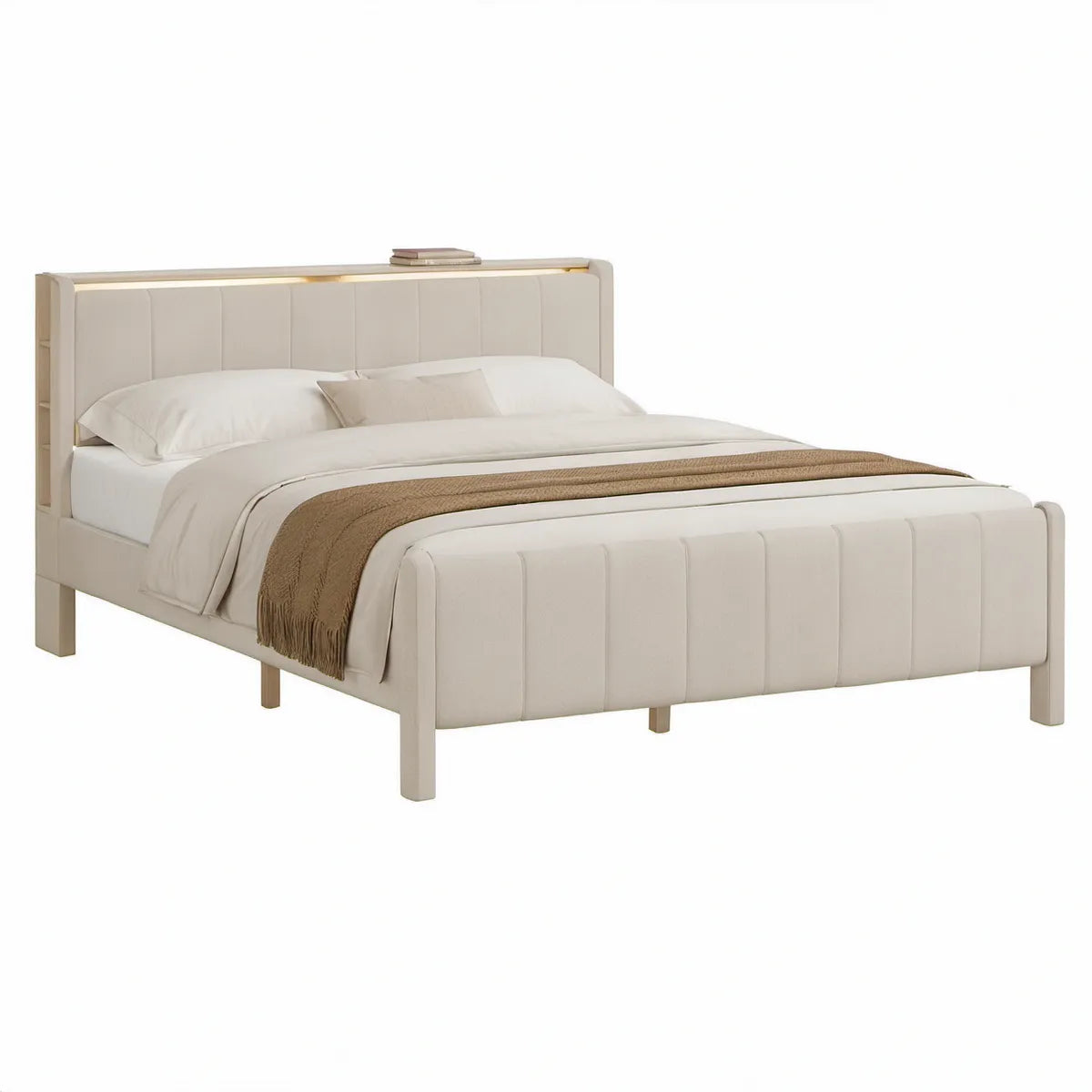 Cama de Casal Estofada em Pele Sintética Bege Claro para Colchão 160 x 200 cm