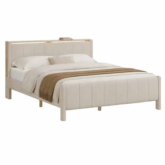 Cama de Casal Estofada em Pele Sintética Bege Claro para Colchão 160 x 200 cm
