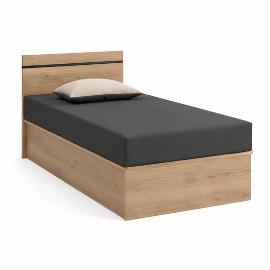 Cama Individual em Aglomerado Revestido a Melamina Carvalho Natural e Preto, para Colchão 90 x 200 cm