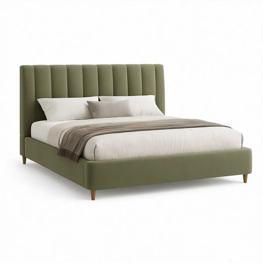Cama de Casal Estofada Verde-oliva 160 x 200 cm com Cabeceira Alta