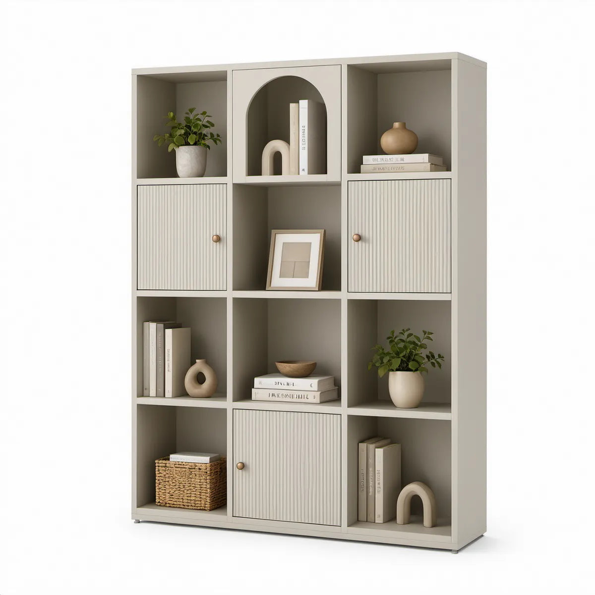Estante em MDF Bege com 120 x 30 x 180 cm e 3 Portas Caneladas