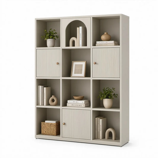 Estante em MDF Bege com 120 x 30 x 180 cm e 3 Portas Caneladas