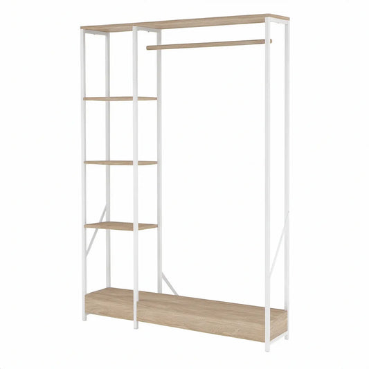 Roupeiro Aberto com Varão e 3 Prateleiras, 110 x 40 x 170 cm, Carvalho Claro e Branco